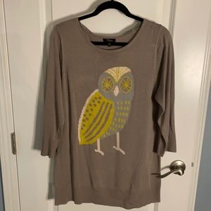 Grey tunic Owl sweater with 3/4 sleeves sz XL LIKENEW
